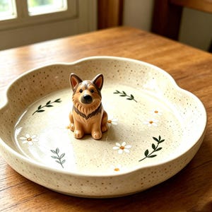 May include: A cream-colored ceramic trinket dish with a speckled finish, featuring a small, three-dimensional German Shepherd figurine in the center and a pattern of painted white daisies and green leafy sprigs across the interior surface.