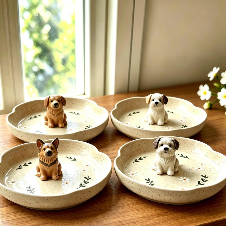 May include: Four round, speckled ceramic trinket dishes with scalloped edges. Each dish features a small, three-dimensional dog figurine in the center and a painted pattern of white daisies and green leaves on the interior base.
