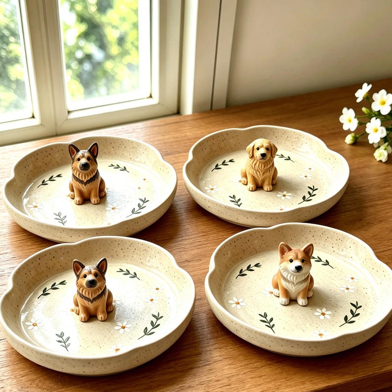 May include: Four round, speckled cream-colored ceramic dishes, each featuring a small, hand-painted dog figurine at the center. The dishes are decorated with delicate green leaf sprigs and small white flowers painted on the interior base.