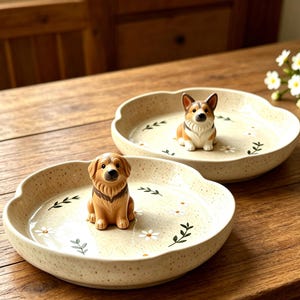 May include: Two round ceramic trinket dishes with scalloped edges, featuring a speckled cream finish, painted white daisy flowers, and green leaf sprigs. Each dish has a small, three-dimensional dog figurine attached in the center.