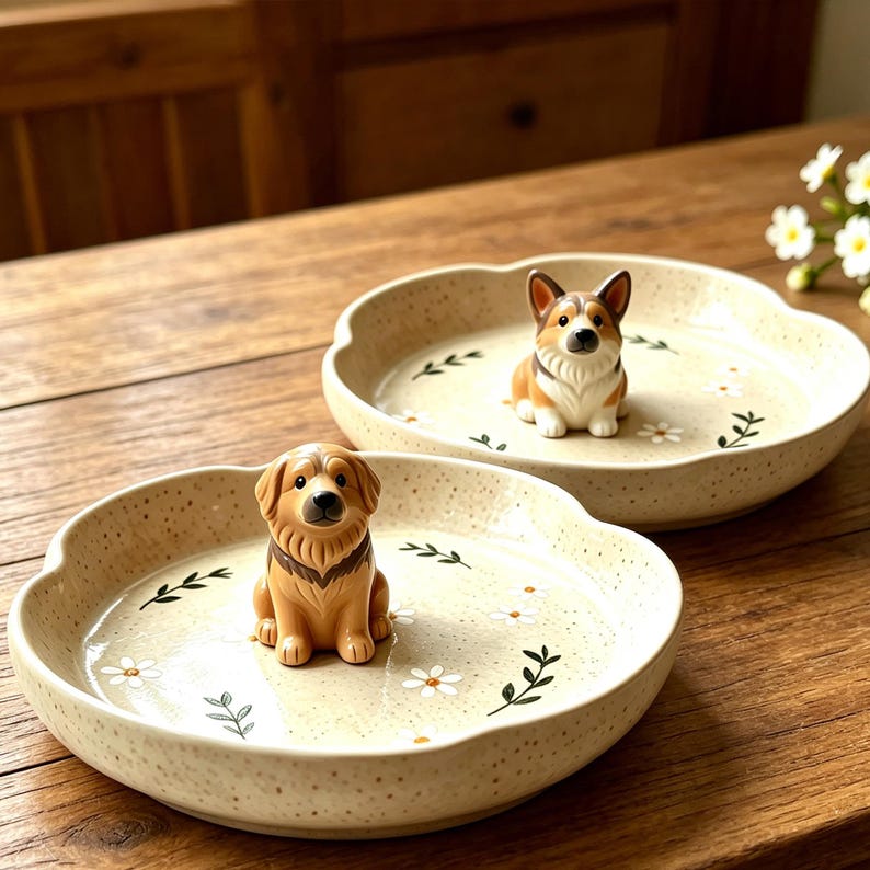May include: Two round ceramic trinket dishes with scalloped edges, featuring a speckled cream finish, painted white daisy flowers, and green leaf sprigs. Each dish has a small, three-dimensional dog figurine attached in the center.