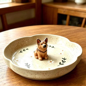 May include: A round, cream-colored ceramic trinket dish with a speckled finish, featuring a scalloped edge and a painted pattern of small white daisies and green leafy sprigs. A small, brown and black dog figurine sits in the center.