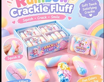 Set de juguetes antiestrés Rainbow Crackle Fluff, 4 piezas: rosa pastel, azul y amarillo.