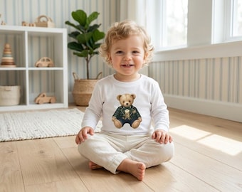 Camiseta de manga larga a cuadros con osito de peluche para niños pequeños / Ilustración vintage de un osito de peluche