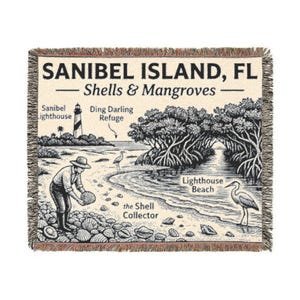 Sanibel Island snäckor och mangrove vävd filt | Kustkarta överkast