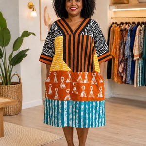 Yellow Rust Teal African Print Shift Dress, Black White V-Neck Ankara Midi Dress