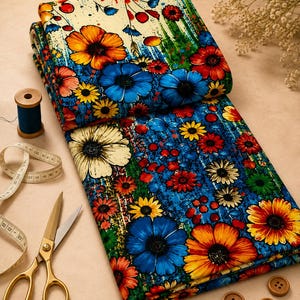 Peut inclure: Un tissu plié présentant un motif floral vibrant avec de grandes fleurs orange, bleues et jaunes sur un fond bleu et crème. Le tissu est accompagné d'une bobine de fil bleu, de ciseaux dorés, d'un ruban à mesurer et de trois boutons marron.