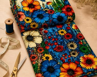 Puede incluir: Una pieza de tela doblada con un vibrante estampado floral de grandes flores naranjas, azules y amarillas sobre un fondo azul y crema. La tela se acompaña de un carrete de hilo azul, tijeras doradas, una cinta métrica y tres botones marrones.