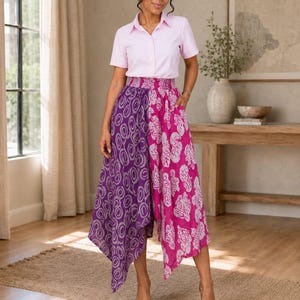 Patchwork African Print Asymmetrical Skirt, Ankara Midi Skirt with Pockets