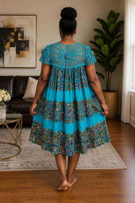 ankara layered dress Teal Dress, African Print Cutout Sleeve Dress, Women's Tiered Midi Leather Shoes