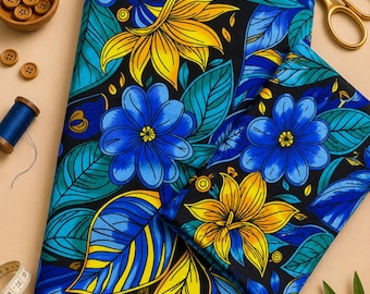 Blau-gelber Ankara-Stoff mit Blumenmuster, große Mengen, afrikanischer Baumwollstoff mit Wachsdruck zum Nähen