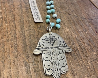 Moroccan Hamsa  Necklace on Peruvian Opal Rosary