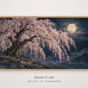Quadro para TV com moldura de cerejeira chorona à noite e lua, arte de parede japonesa, download digital em 4K, 3 formatos. imagem 4