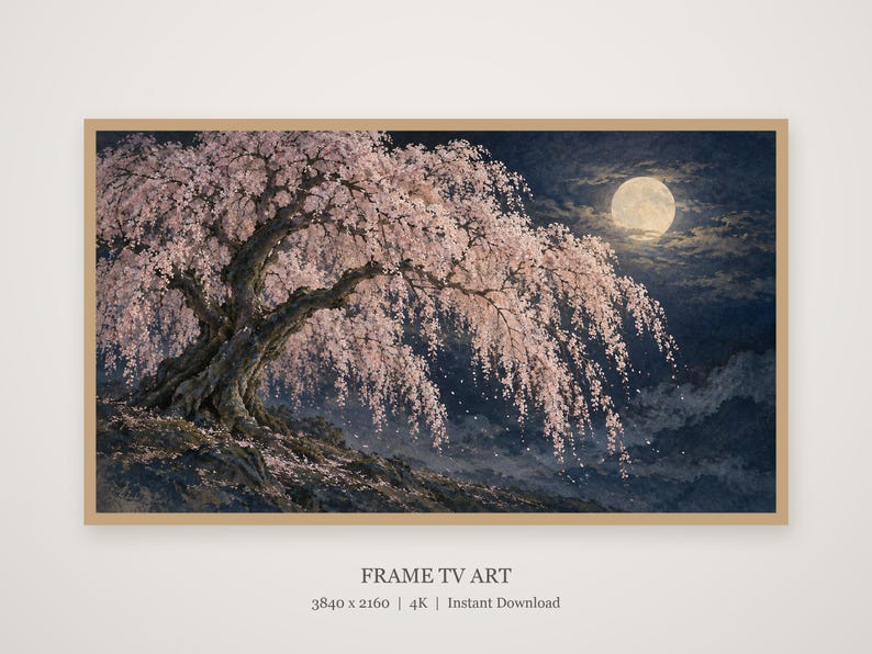 Quadro para TV com moldura de cerejeira chorona à noite e lua, arte de parede japonesa, download digital em 4K, 3 formatos. imagem 4