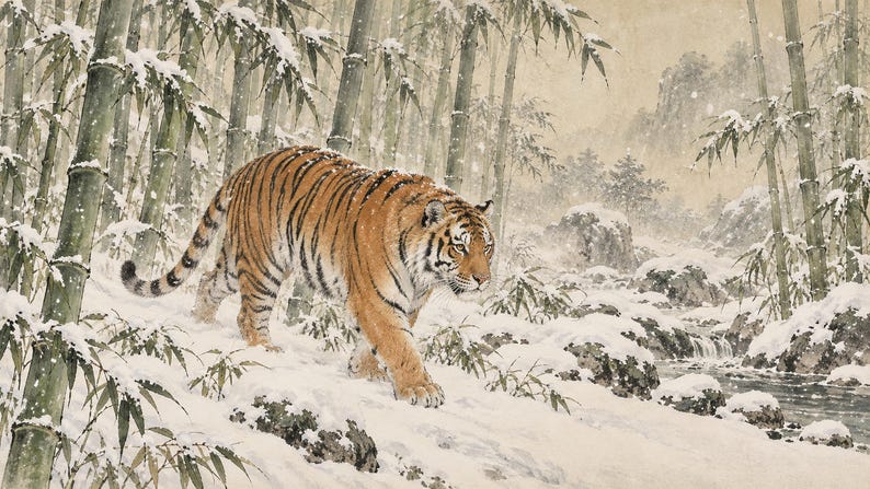 Tiger in Snowy Bamboo, Japanese Edo Style TV Art (4K Digital Download) image 6