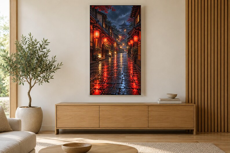Rainy Kyoto Alley Red Lanterns Frame TV Art, Japanese Wall Art, 4K Digital Download, 3 Formats image 3