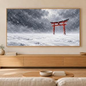 Puerta Torii Roja en Marco de Nieve, Arte para TV, Arte Mural Japonés, Descarga Digital 4K, 3 Formatos imagen 1