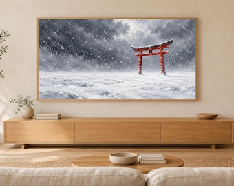 Red Torii Gate in Snow Frame TV Art, Japanese Wall Art, 4K Digital Download, 3 Formats