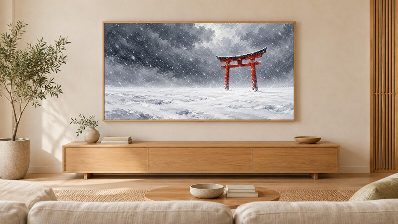 Puerta Torii Roja en Marco de Nieve, Arte para TV, Arte Mural Japonés, Descarga Digital 4K, 3 Formatos imagen 1