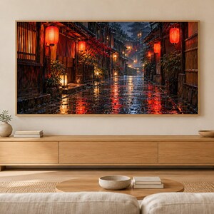 Rainy Kyoto Alley Red Lanterns Frame TV Art, Japanese Wall Art, 4K Digital Download, 3 Formats image 1