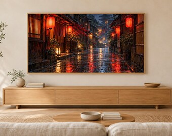 Rainy Kyoto Alley Red Lanterns Frame TV Art, Japanese Wall Art, 4K Digital Download, 3 Formats
