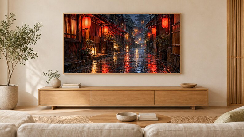 Rainy Kyoto Alley Red Lanterns Frame TV Art, Japanese Wall Art, 4K Digital Download, 3 Formats image 1