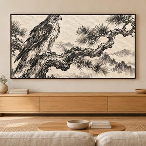 Hawk on a Pine Branch Frame TV Art, Japanese Wall Art, 4K Digital Download, 3 Formats image 1