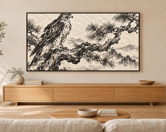 Hawk on a Pine Branch Frame TV Art, Japanese Wall Art, 4K Digital Download, 3 Formats