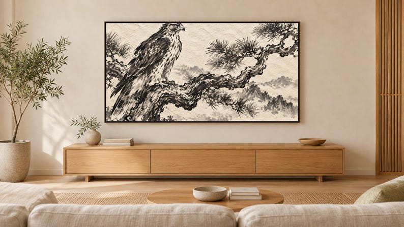 Hawk on a Pine Branch Frame TV Art, Japanese Wall Art, 4K Digital Download, 3 Formats image 1