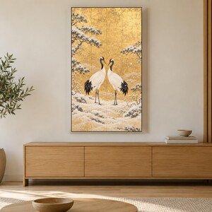 Een paar roodkroon-kraanvogels in een sneeuwlijst, tv-kunst, Japanse muurdecoratie, 4K digitale download, 3 formaten afbeelding 3