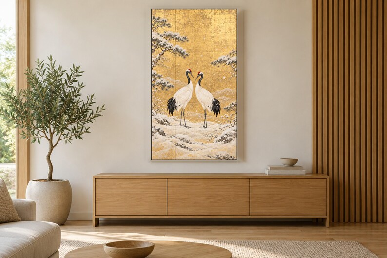 Een paar roodkroon-kraanvogels in een sneeuwlijst, tv-kunst, Japanse muurdecoratie, 4K digitale download, 3 formaten afbeelding 3