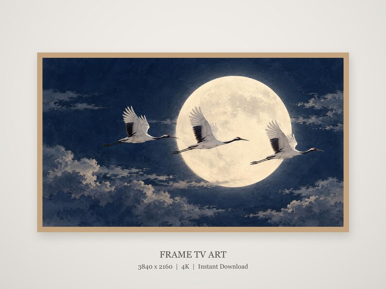 Japanese Cranes Flying Moon Art, 4K Digital Download (3 Formats) image 4