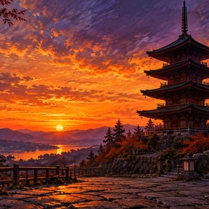 Pagoda de cinco pisos al atardecer. Marco para TV, arte mural japonés, descarga digital 4K, 3 formatos. imagen 6