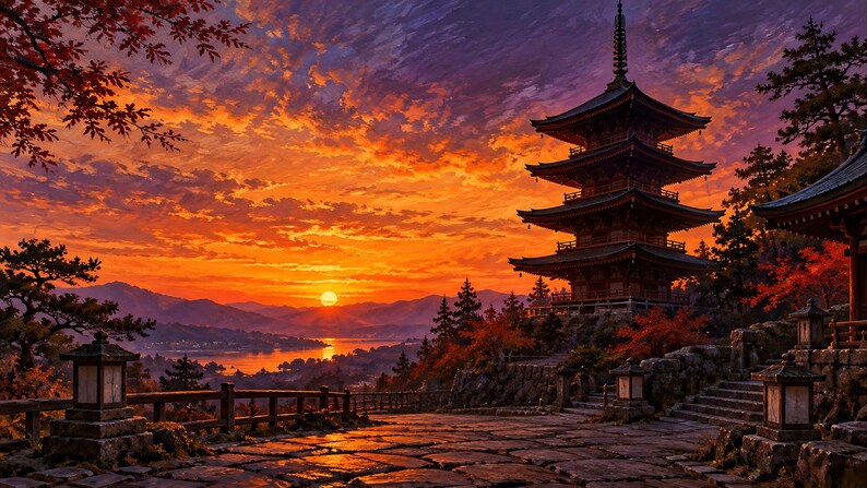 Pagoda de cinco pisos al atardecer. Marco para TV, arte mural japonés, descarga digital 4K, 3 formatos. imagen 6