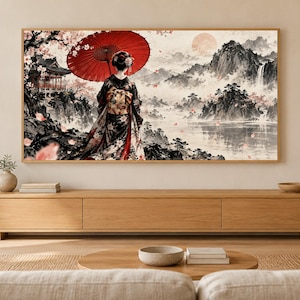 Geisha met paraplu van achteren gezien, ingelijste tv-kunst, Japanse muurdecoratie, 4K digitale download, 3 formaten afbeelding 1