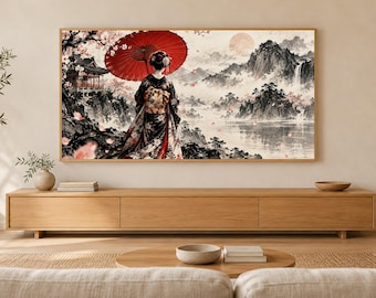 Geisha with Umbrella from Behind Frame TV Art, Japanese Wall Art, 4K Digital Download, 3 Formats
