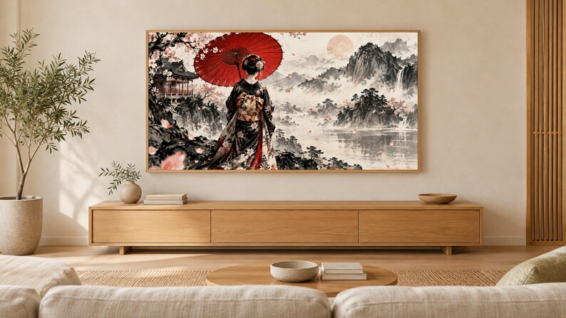 Geisha met paraplu van achteren gezien, ingelijste tv-kunst, Japanse muurdecoratie, 4K digitale download, 3 formaten afbeelding 1