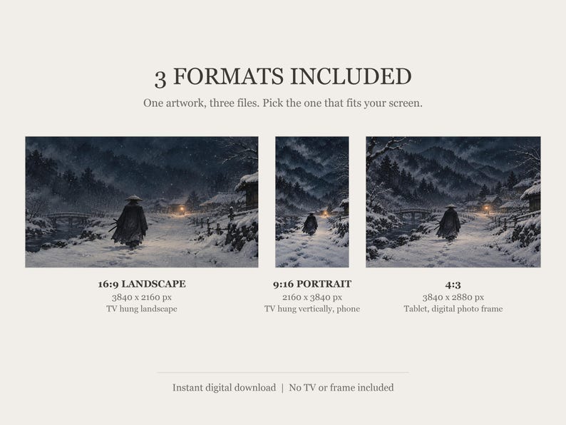 Samurai Snow Night Art, Japanese Winter Scene, 4K Digital Download (3 Formats) image 2