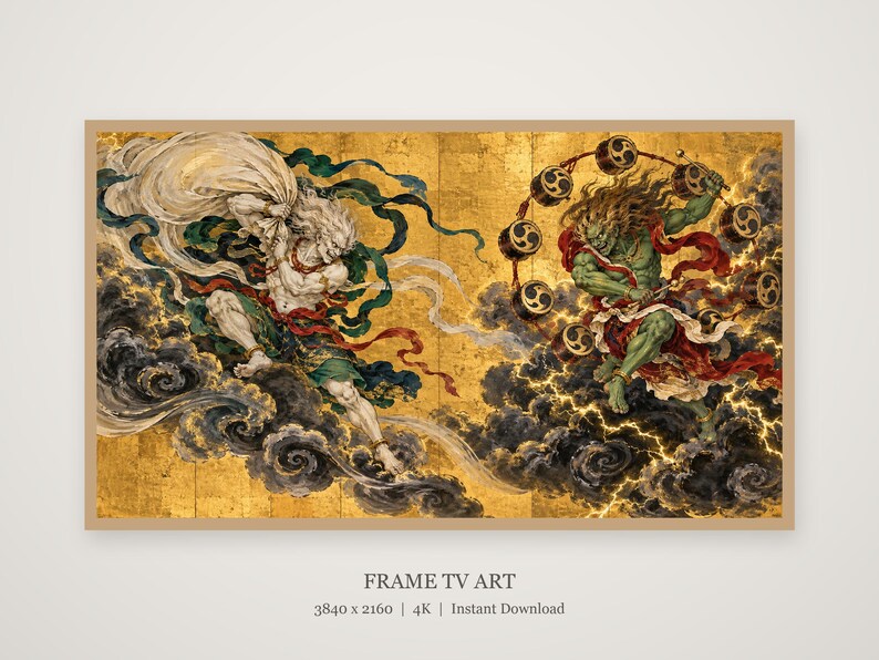 Lijst met afbeeldingen van de windgod en de dondergod voor tv-decoratie, Japanse muurdecoratie, 4K digitale download, 3 formaten afbeelding 4