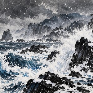 Onde invernali su rocce nere, opera d'arte giapponese a inchiostro sumi (download digitale 4K) immagine 6