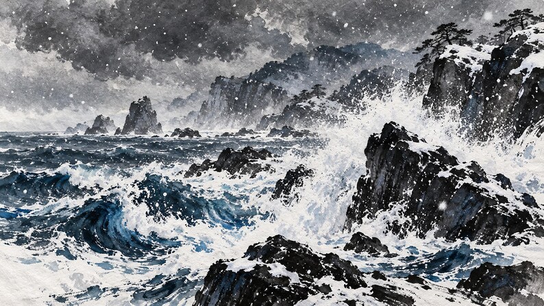 Onde invernali su rocce nere, opera d'arte giapponese a inchiostro sumi (download digitale 4K) immagine 6