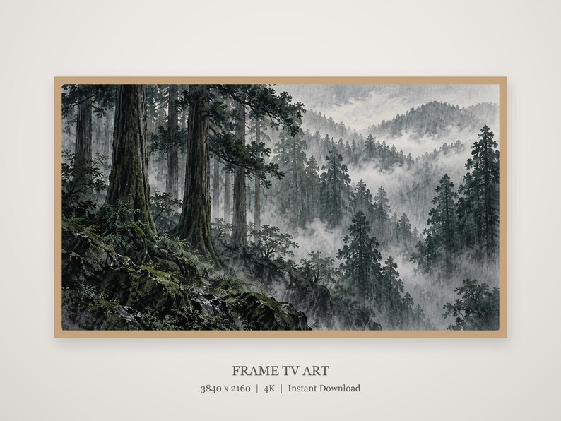 Moody Cedar Forest in Rain Frame TV Art, Japanese Wall Decor, 4K Digital Download (3 Formats) image 4