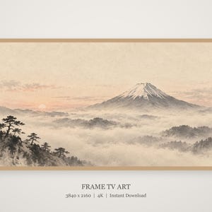 Rambild på TV-konst med berget Fuji i morgondimman, japansk zen-väggkonst, digital nedladdning i 4K, 3 format bild 1
