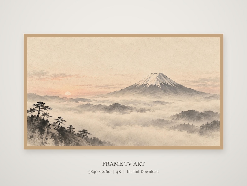 Rambild på TV-konst med berget Fuji i morgondimman, japansk zen-väggkonst, digital nedladdning i 4K, 3 format bild 1