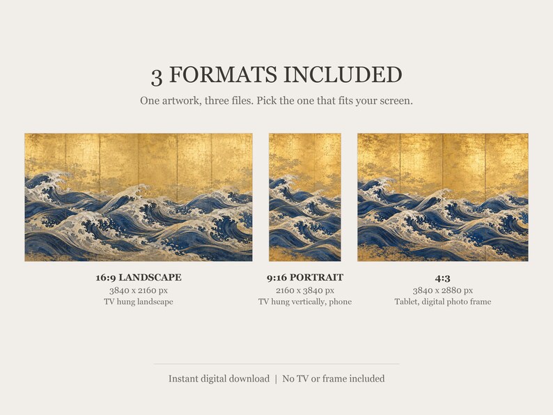 Quadro TV con onde giapponesi su foglia d'oro, download digitale 4K (3 formati) immagine 2