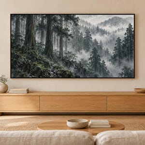 Moody Cedar Forest in Rain Frame TV Art, Japanese Wall Decor, 4K Digital Download (3 Formats) image 1