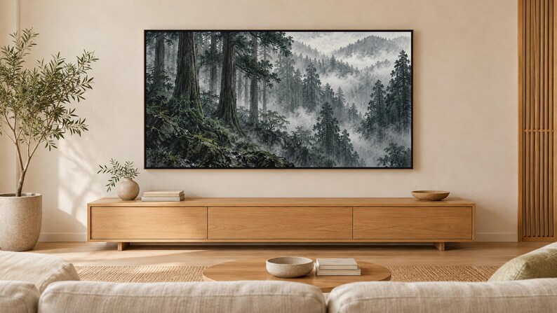 Moody Cedar Forest in Rain Frame TV Art, Japanese Wall Decor, 4K Digital Download (3 Formats) image 1