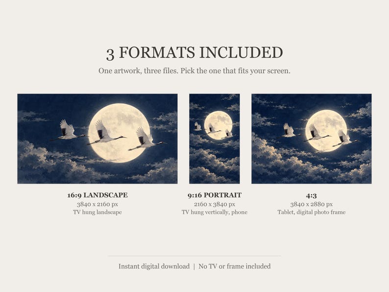 Japanese Cranes Flying Moon Art, 4K Digital Download (3 Formats) image 2