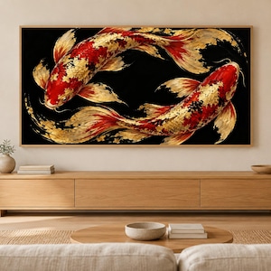Schwarzer und goldener Koi von oben – TV-Kunstwerk, japanische Wandkunst, 4K-Digitaldownload, 3 Formate Bild 1