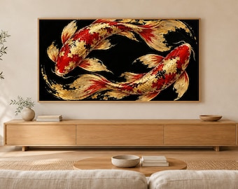 Black and Gold Koi from Above Frame TV Art, Japanese Wall Art, 4K Digital Download, 3 Formats